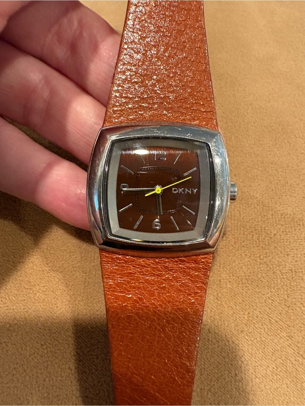 DKNY Brown Dial Watch with Silver Bezel and Tan Leather Strap